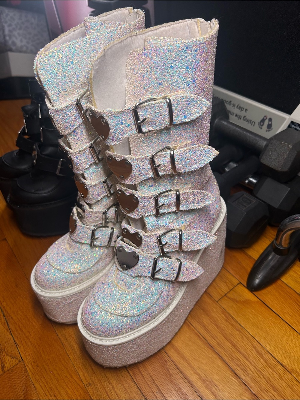 DEMONIA Swing 230G White Multi Glitter Mid Calf Boot Platform Heart Strap
